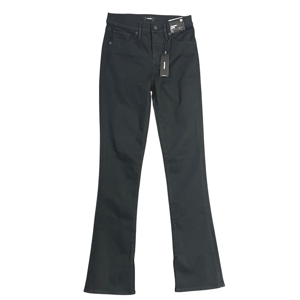 Express Skyscraper Black Flare Jeans 2R Mid Rise Stretch Slit Hem New Tags Denim